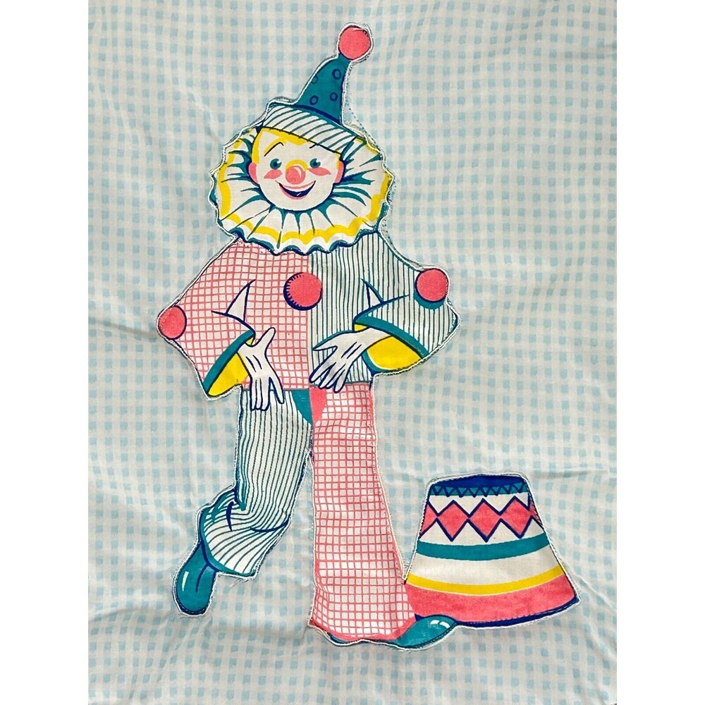 Vintage NOS Kozee Komfort Blue Gingham Clown Baby Quilt Blanket 35" X 47" - Picture 3 of 16